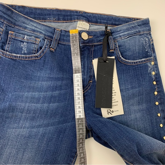 NWT Rinascimento Jeans Denim Blue Studs Raw Hem Sz Large Slim Glam Rockstar - Picture 7 of 16